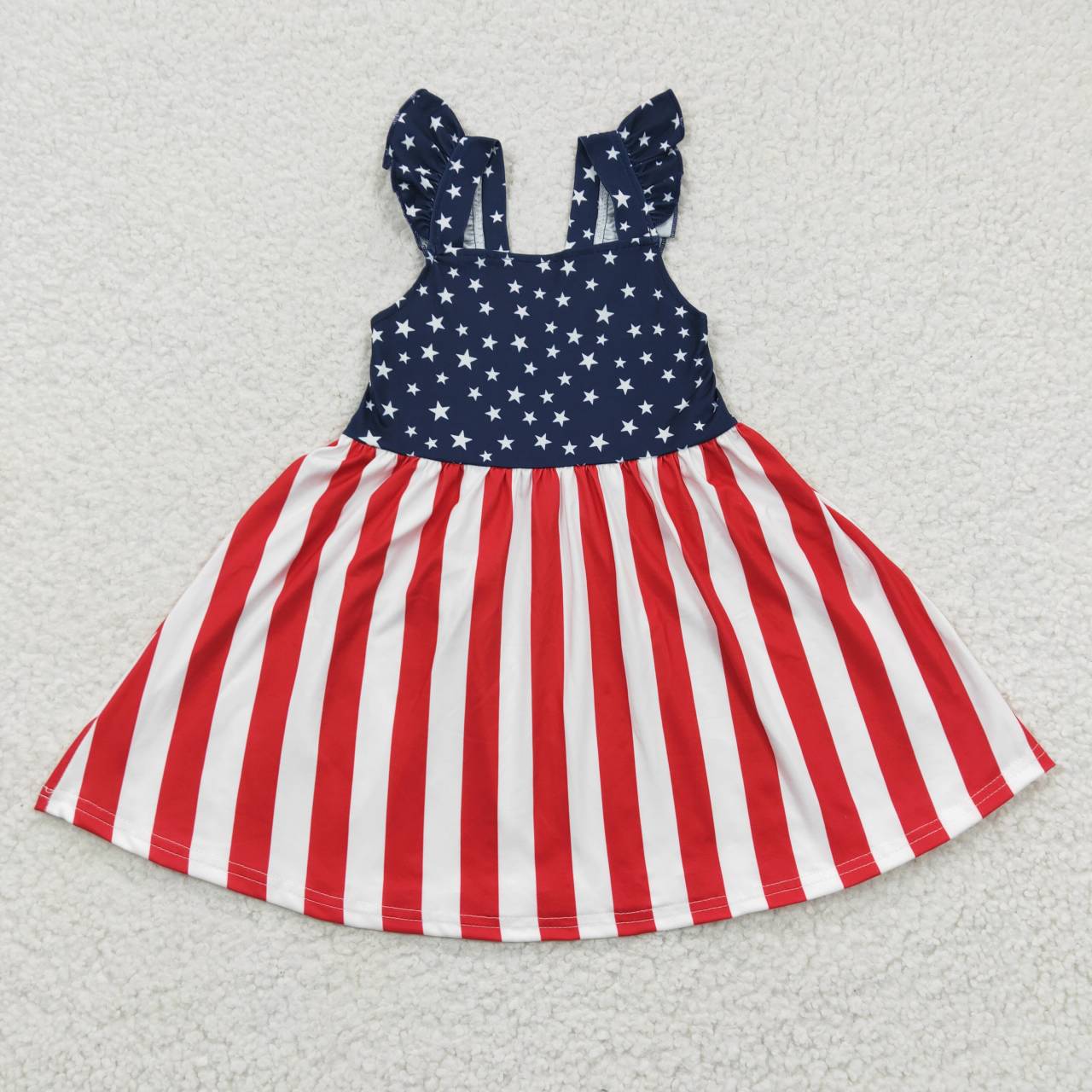 GSD0289 4th Of July Red Stripes Blue Star Girls Short Sleeve Dresses