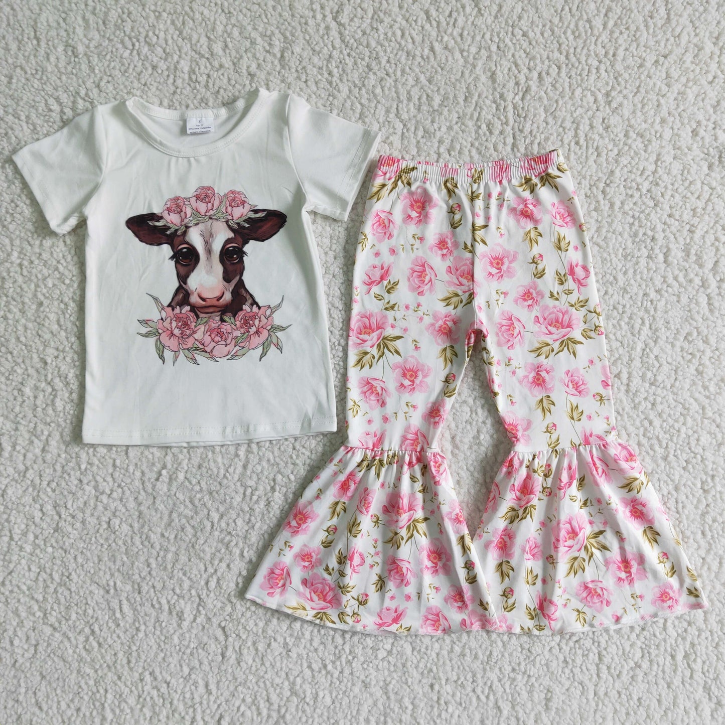 Clearance B7-11 Highland Cows Pink Floral Girls Short Sleeve Pants Outfits