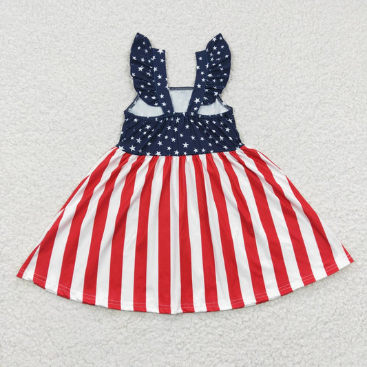 GSD0289 4th Of July Red Stripes Blue Star Girls Short Sleeve Dresses