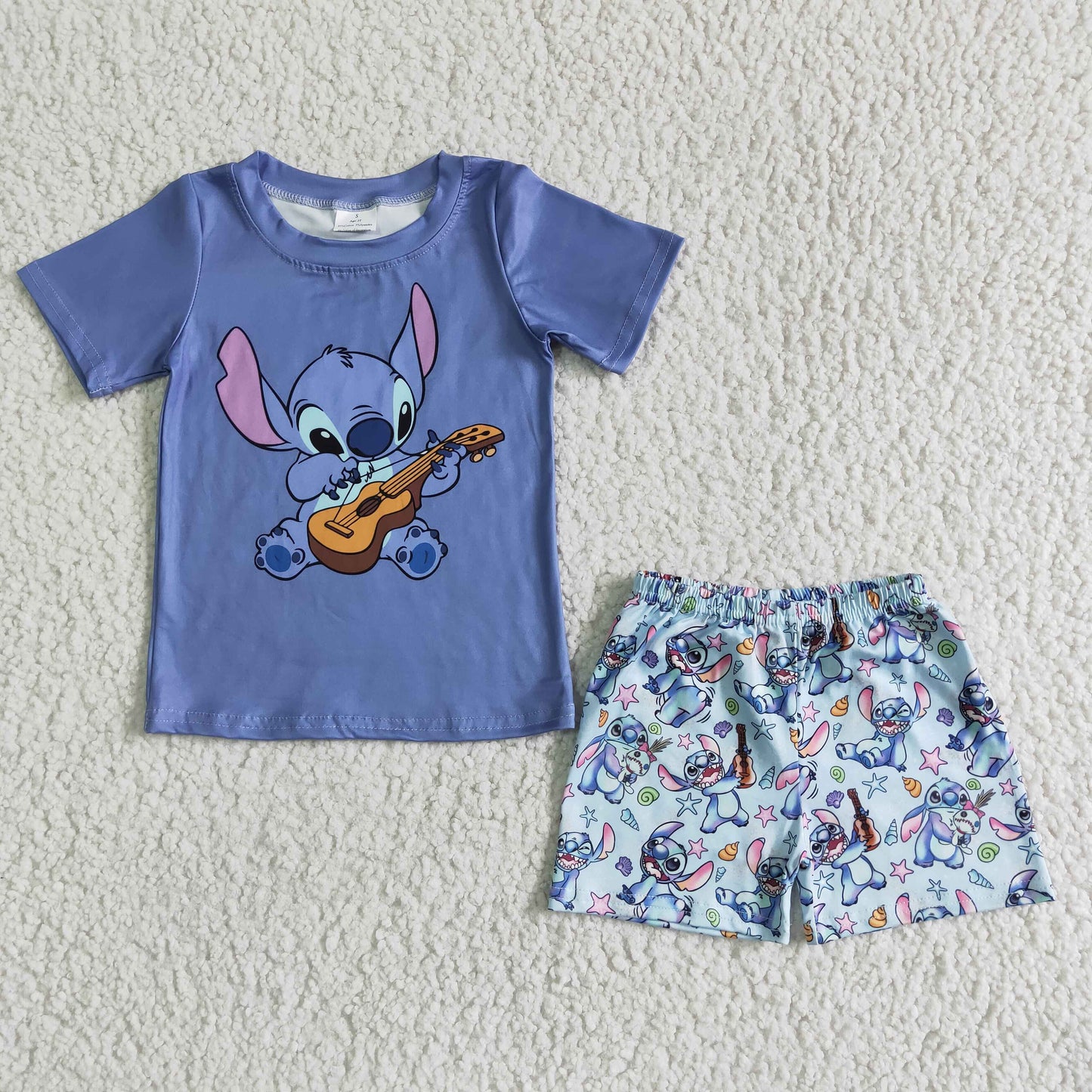 BSSO0027 Blue Cartoon Guitar Boys Short Sleeve Shorts Outfits