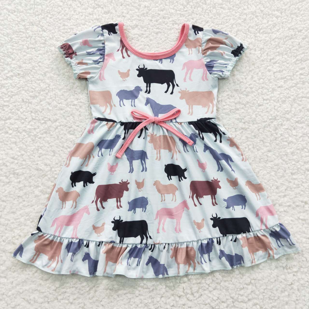 GSD0306   Pink Cow Farm Girls Short Sleeve Dresses