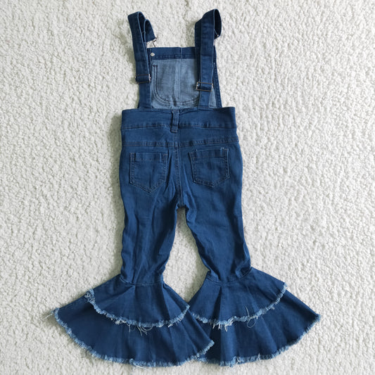 D2-30 Blue Distress Overalls Double Ruffles Denim Jeans