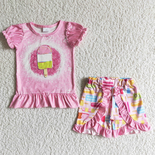 C10-26 Pink Ice Cream Popsicle Girls Short Sleeve Shorts Outfits