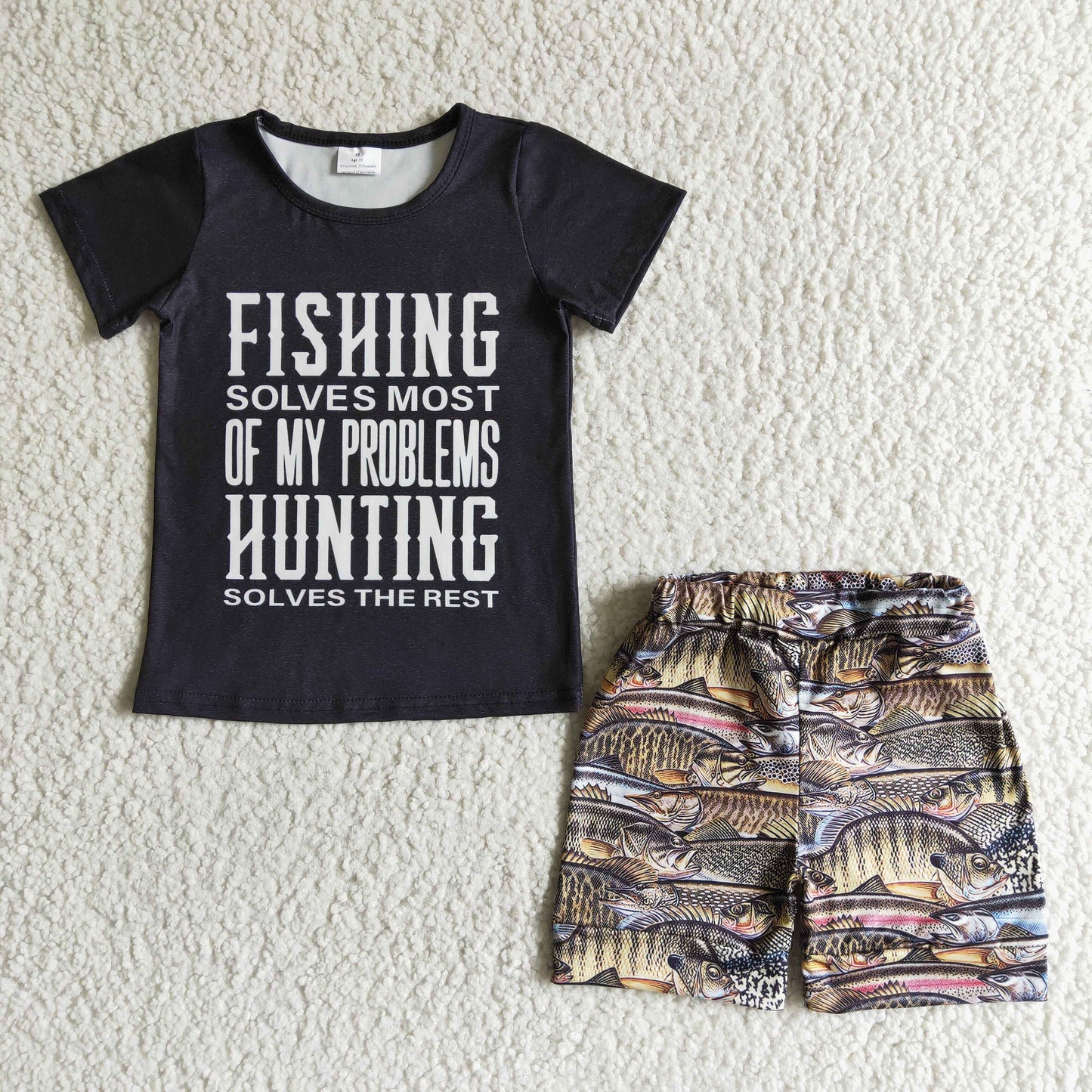 BSSO0012 Fishing Hunting Letter Black Boys Short Sleeve Shorts Outfits