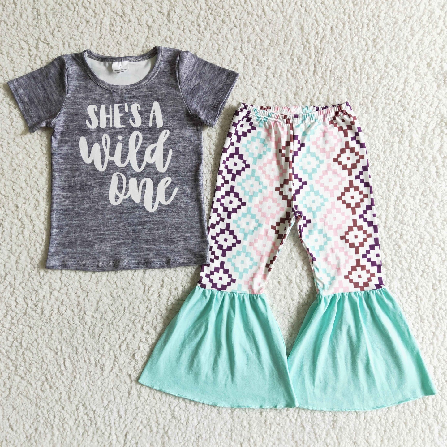 Clearance B14-24 She Is A Wild One Aztec Girls Short Sleeve Pants Outfits