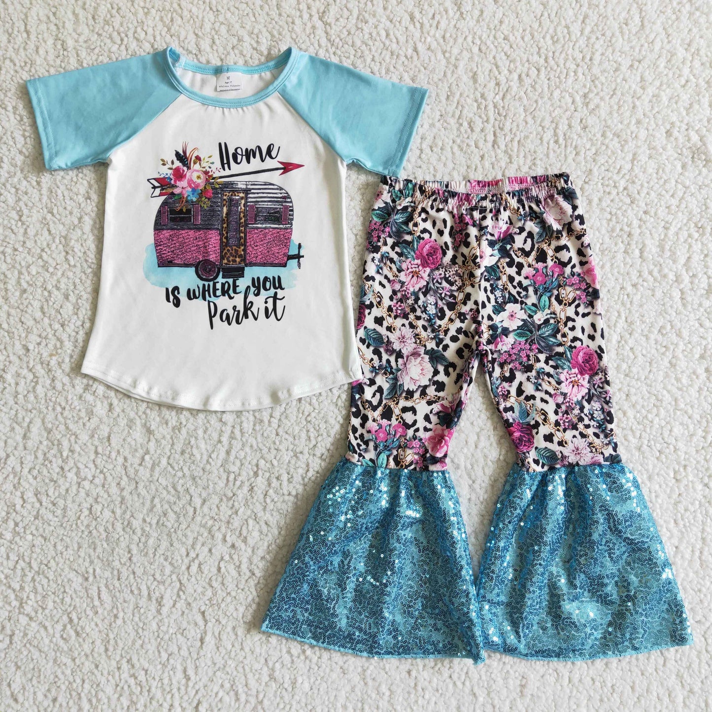 GSPO0053 Home Car Floral Leopard Blue Sequin Girls Short Sleeve Pants Outfits