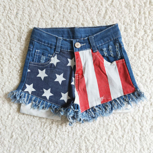 NC0003 4th Of July Blue Starts Red Stripes Girls Shorts Denim Jeans