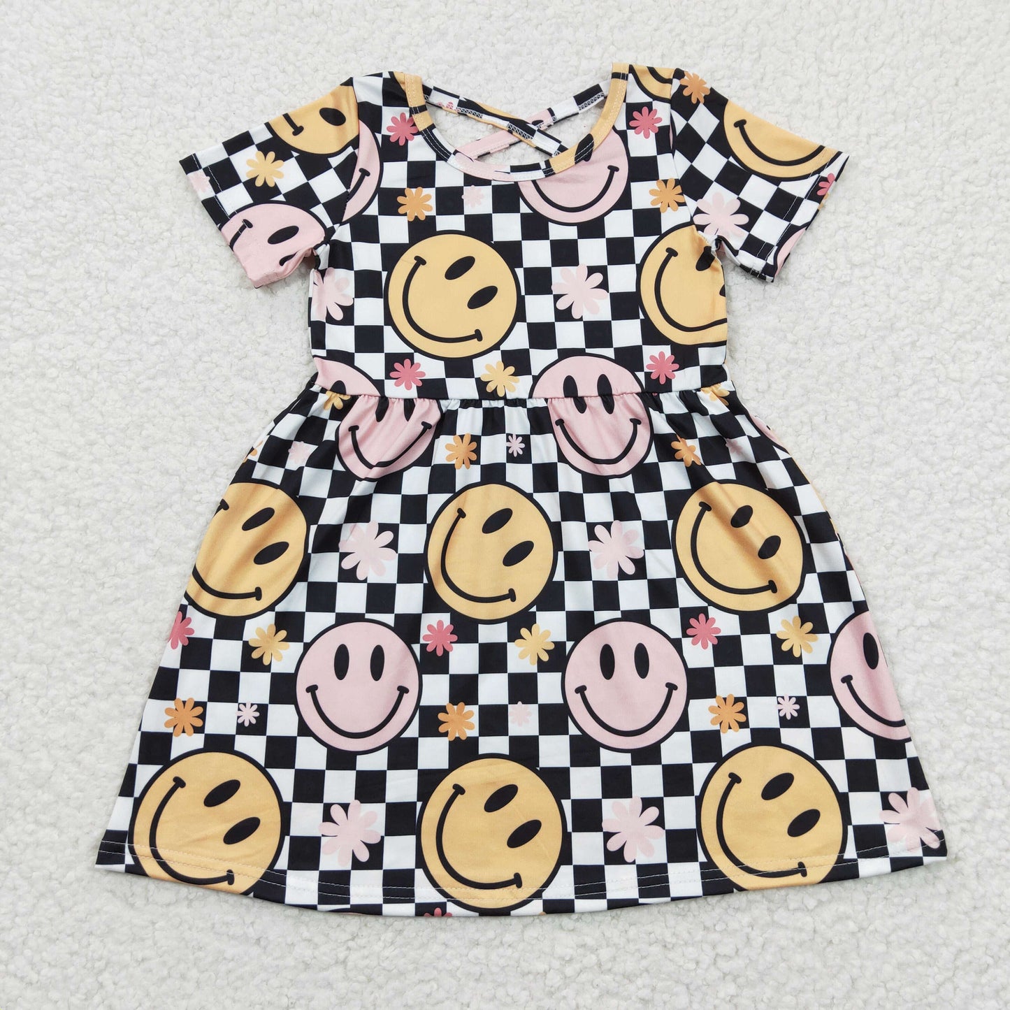 GSD0336 Yellow Black Smile Emoji Girls Short Sleeve Dresses