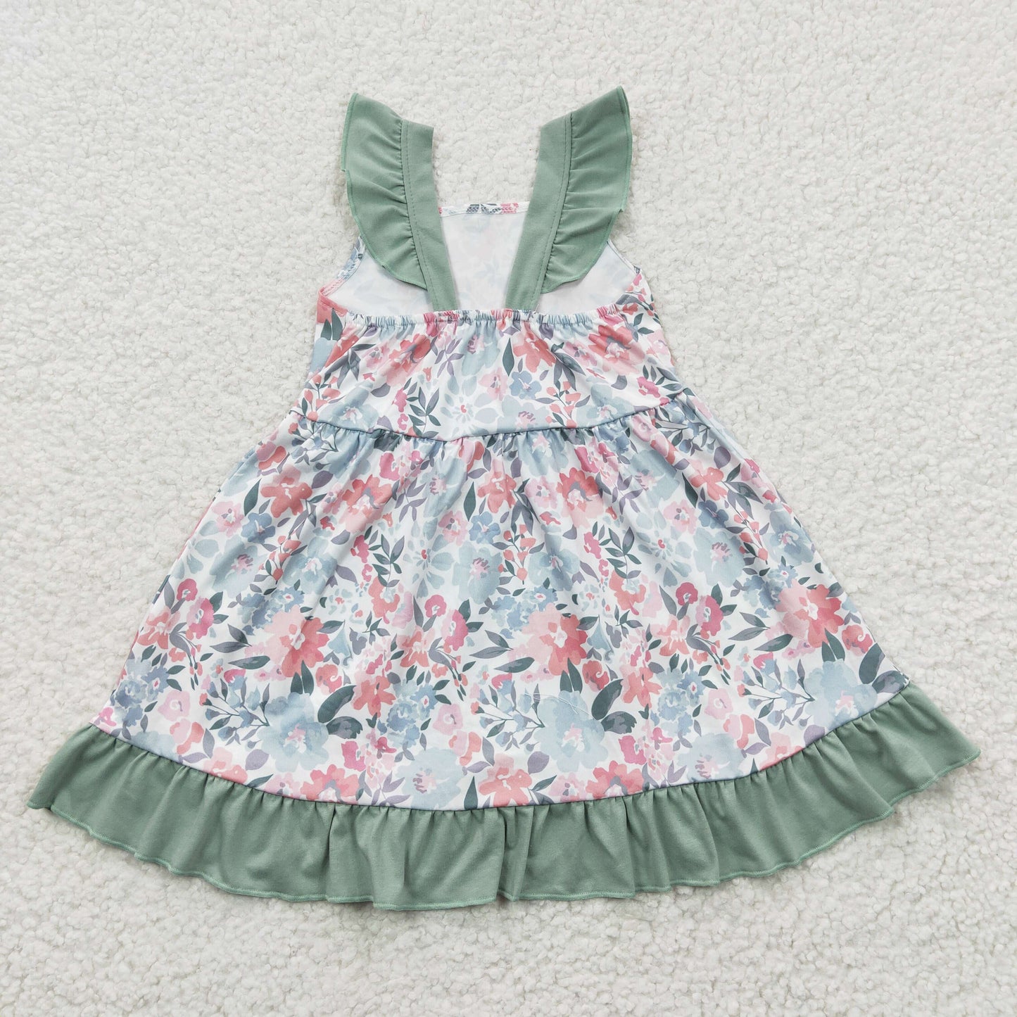 GSD0319 Green Pink Floral Girls Short Sleeve Dresses