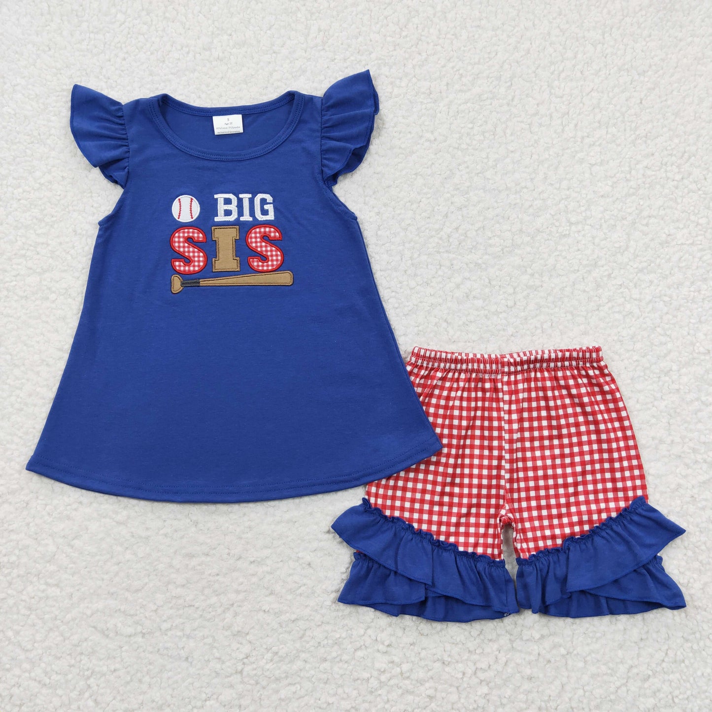 GSSO0219 Blue Red Big Bro Softball Embroidery Girls Short Sleeve Shorts Outfits