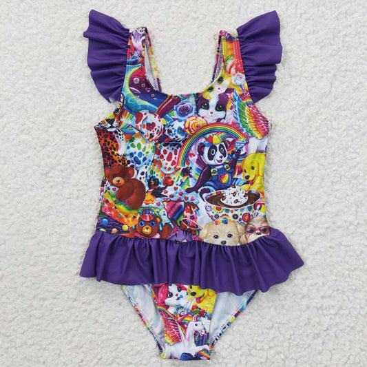 S0041 Purple Tiger Cat Cartoon Girls Swimming Bathing Suits Swimsuits