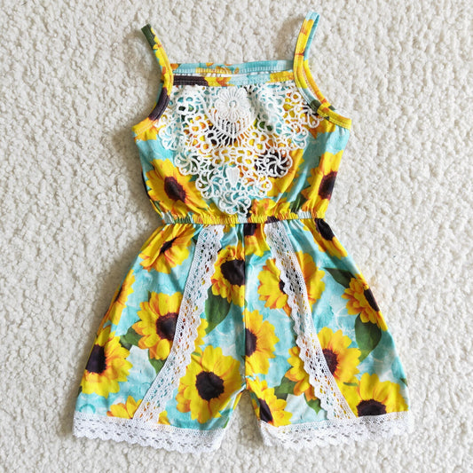 SR0001 Green Yellow Sunflower Lace Floral Print Girls Sleeveless Jumpsuits