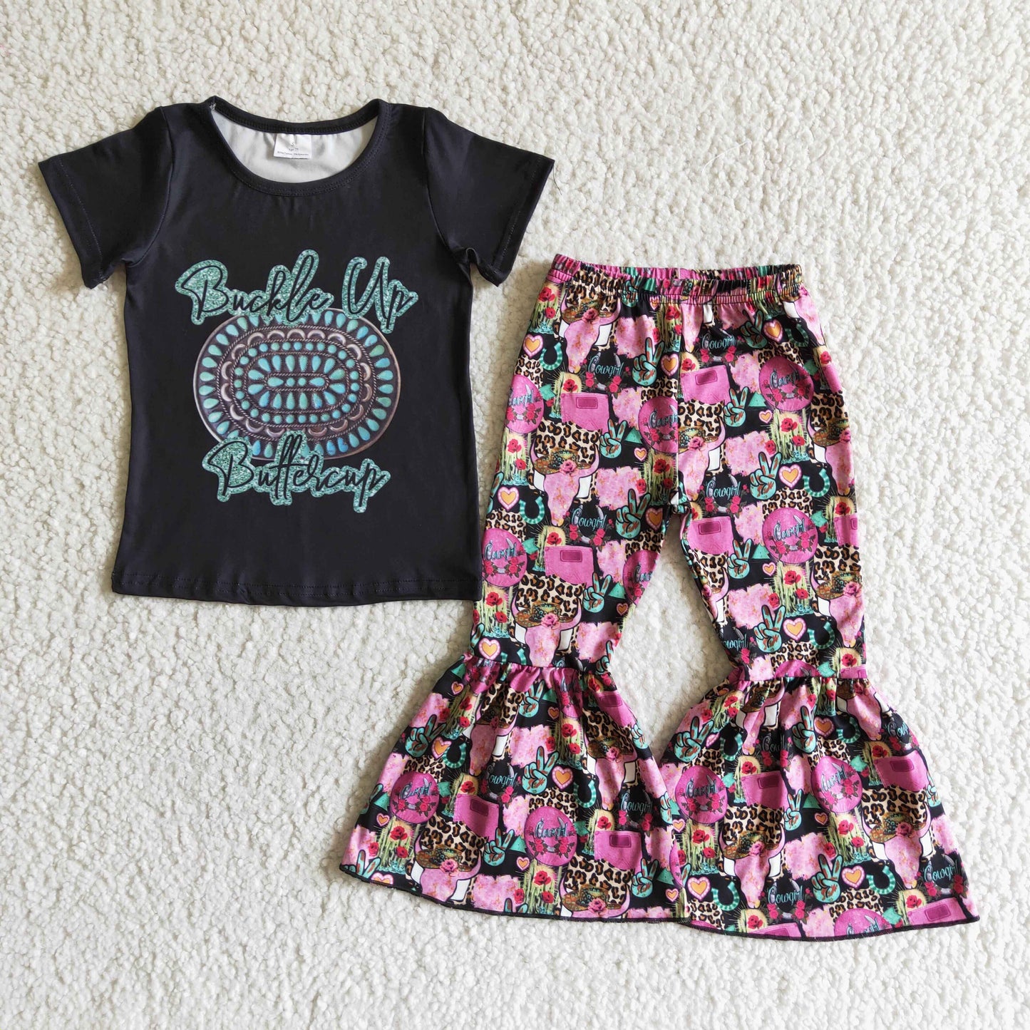 GSPO0039 Pink Peace Love Highland Cows Leopard Western With Bow 3pcs Girls Short Sleeve Pants Outfits