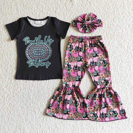 GSPO0039 Pink Peace Love Highland Cows Leopard Western With Bow 3pcs Girls Short Sleeve Pants Outfits