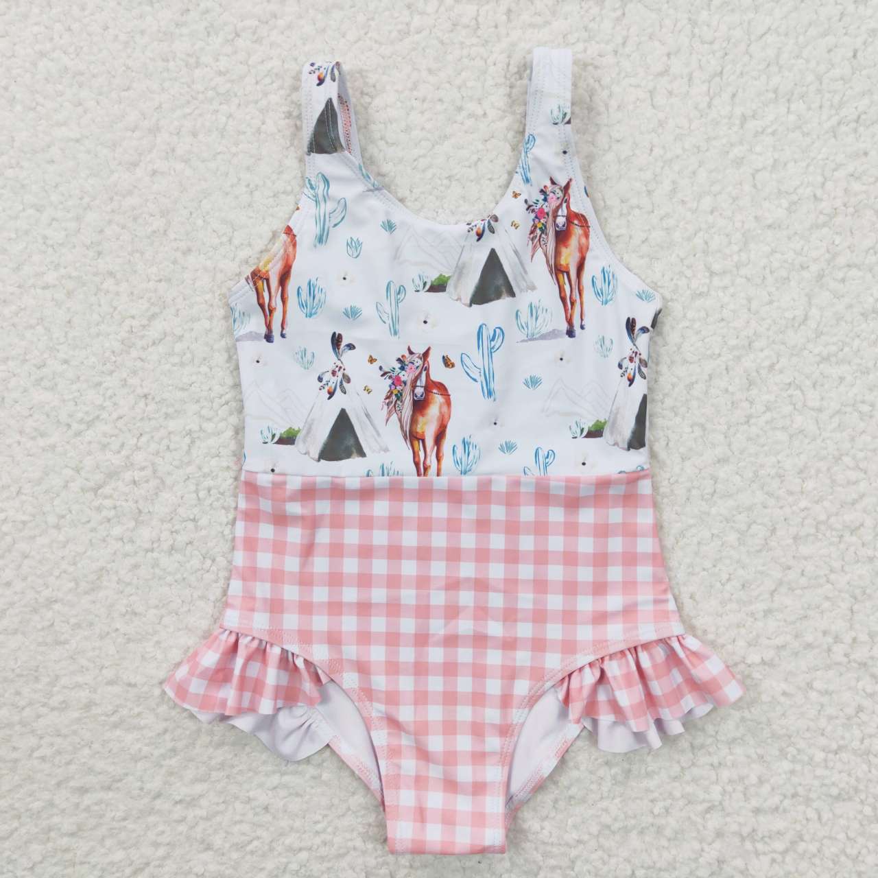 S0118 Pink Plaid Horses Floral Girls Swimming Bathing Suits Swimsuits