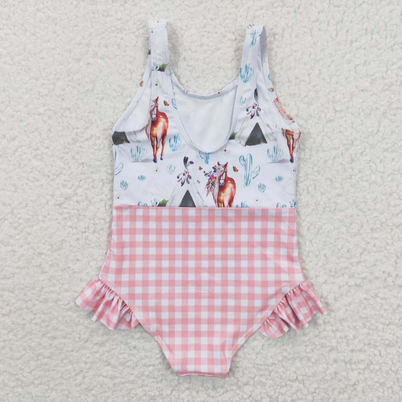 S0118 Pink Plaid Horses Floral Girls Swimming Bathing Suits Swimsuits