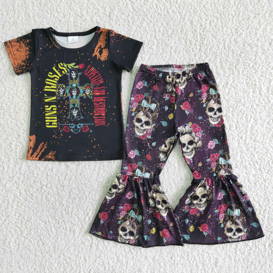 A0-3 Halloween Cross Roses Ghost Girls Short Sleeve Pants Outfits