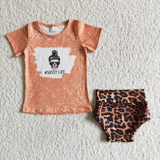 C15-10 Sassy Life Orange Leopard Girls Short Sleeve Bummies Outfits