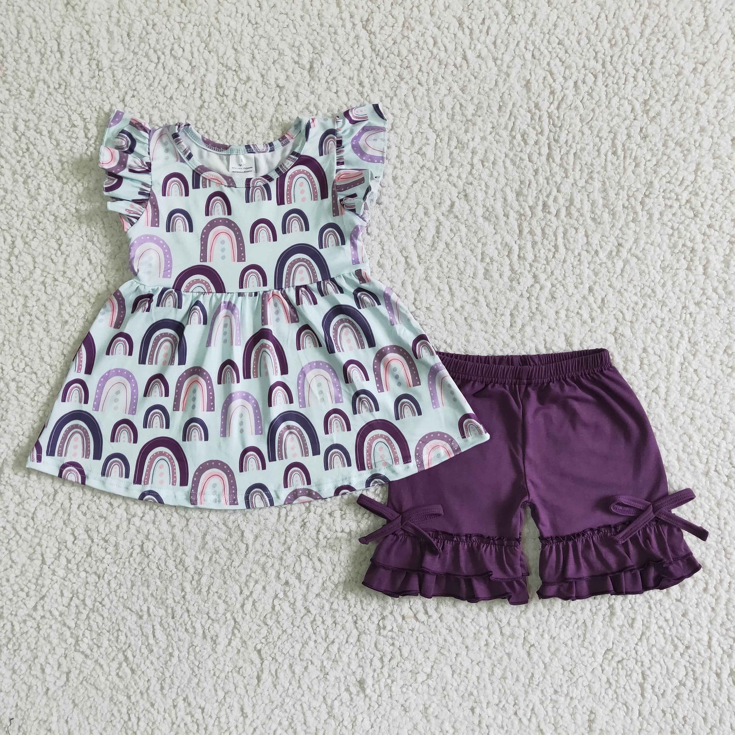 GSSO0009 Purple Rainbow Girls Flutter Sleeve Shorts Outfits