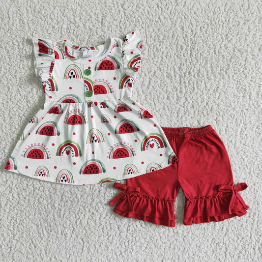 GSSO0005 Red Rainbow Watermelon Girls Short Sleeve Shorts Outfits