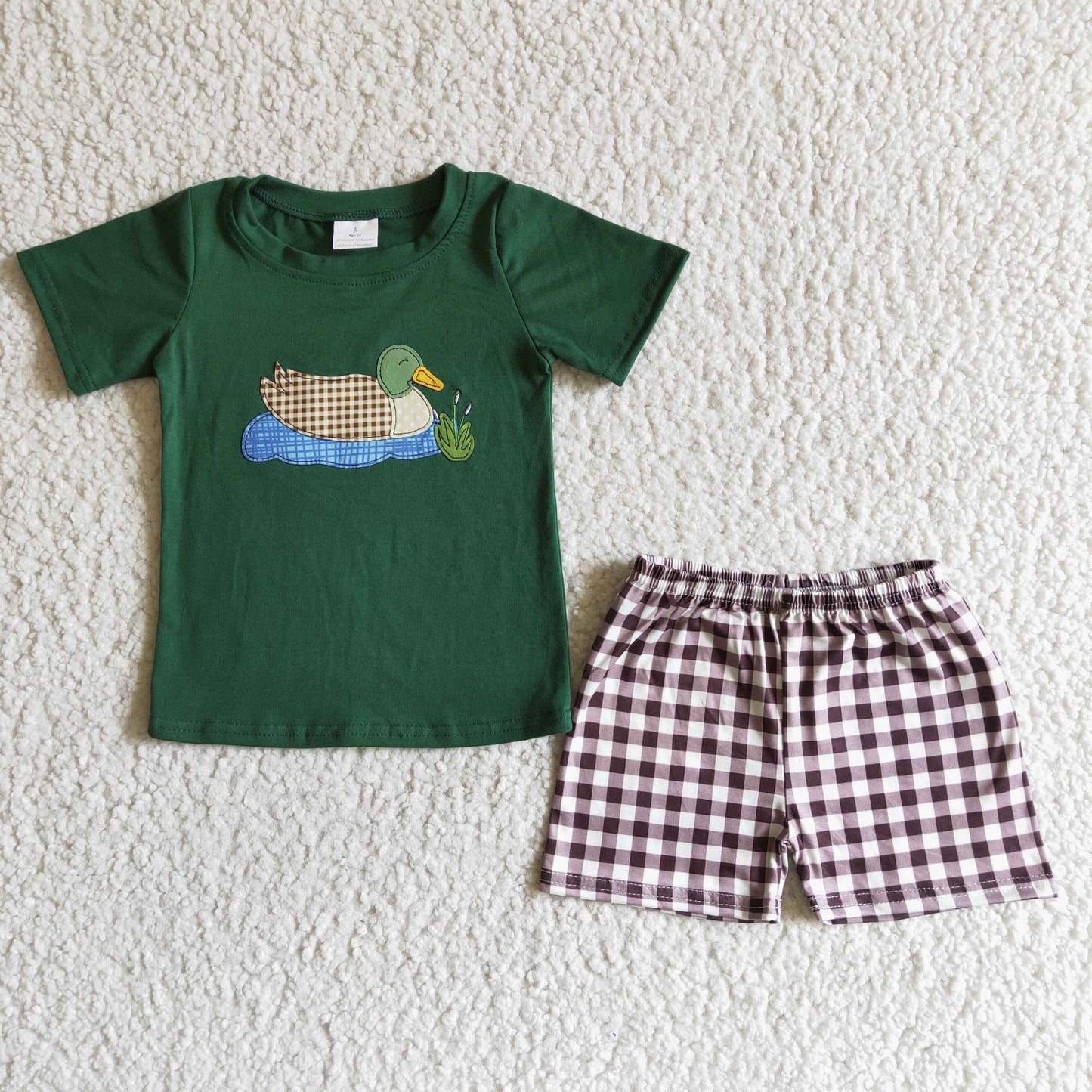 BSSO0007 Duck Green Brown Plaid Embroidery Boys Short Sleeve Shorts Outfits