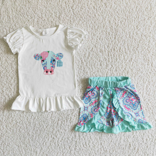 A4-12 Blue Cow Floral Girls Short Sleeve Shorts Outfits