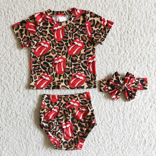 GBO0016 Leopard Red Lip Mouth Music Band Singer Cartoon With Bow 3pcs Girls Short Sleeve Bummies Outfits