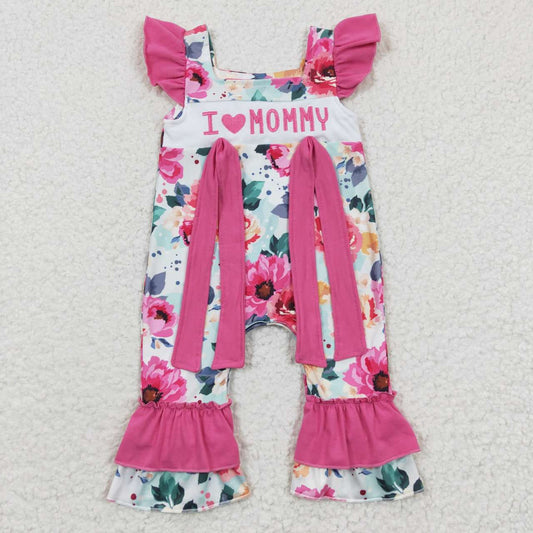 SR0251 Pink Floral I Love Mommy Embroidery Girls Short Sleeve Romper