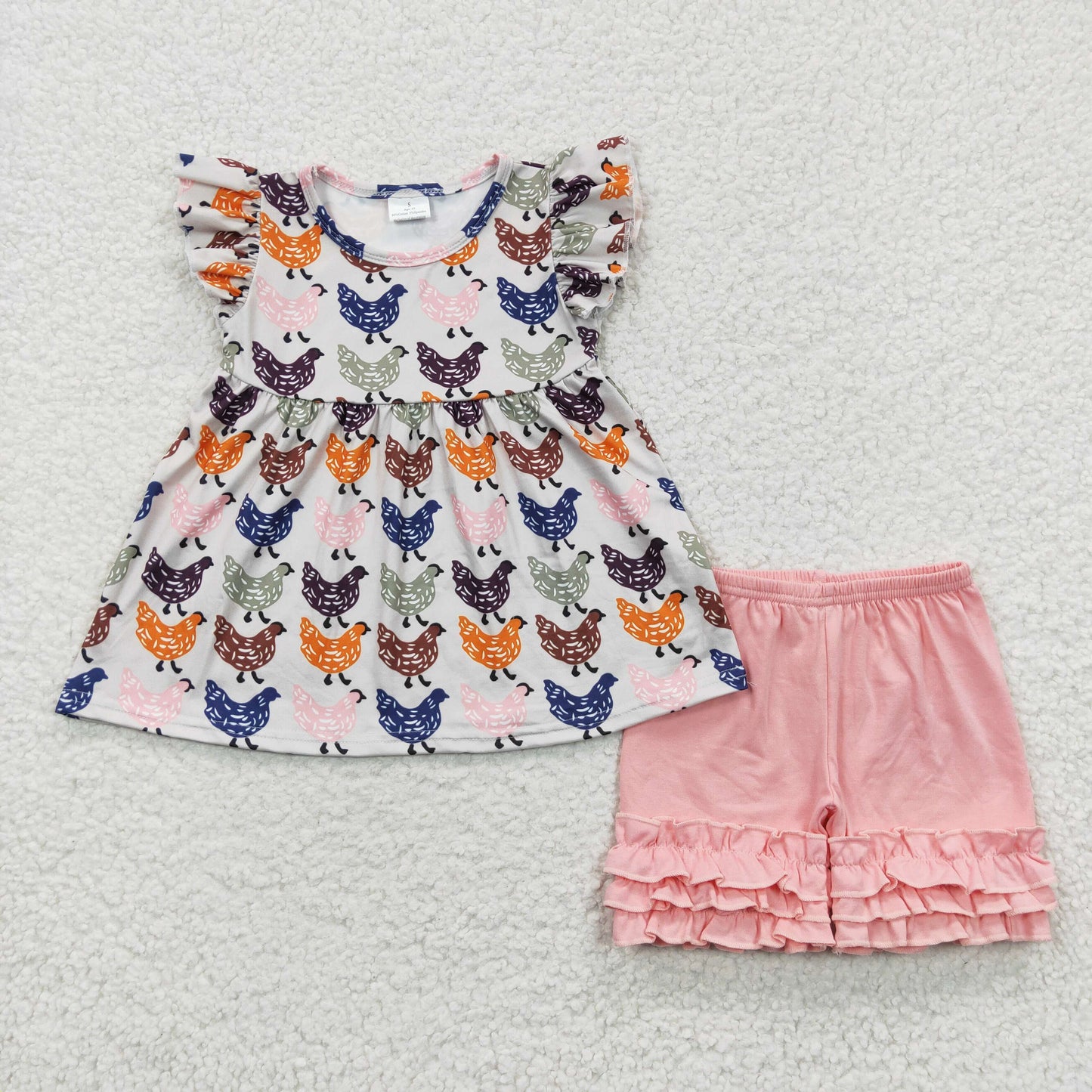 C5-11 Chicken Pink Farm Girls Short Sleeve Shorts Outfits