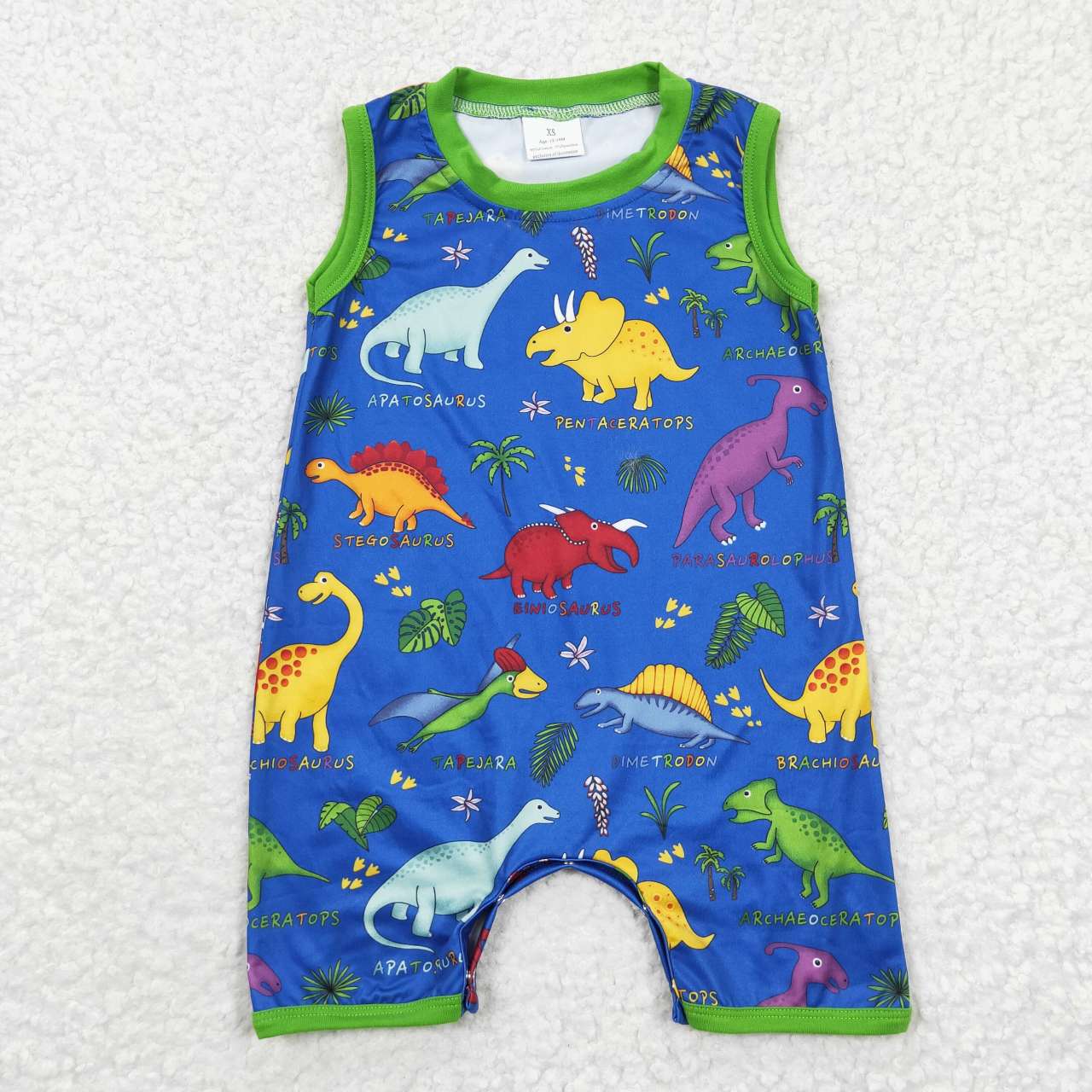 SR0342 Blue Green Dinosaur Cartoon Boys Short Sleeve Romper