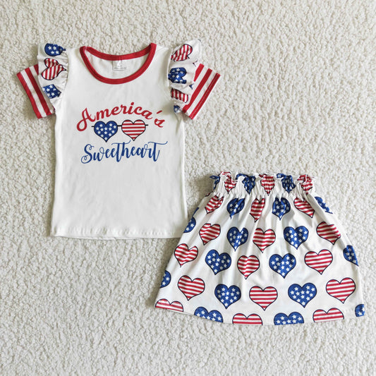 GSSO0051 4th Of July Sweetheart Love Girls Short Sleeve With Skirt Dress Outfits