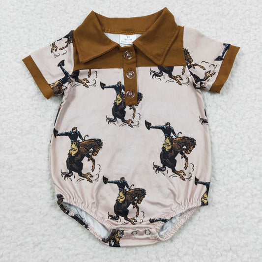 SR0222  Brown Rodeo Cowboy Western Collar Girls Short Sleeve Romper