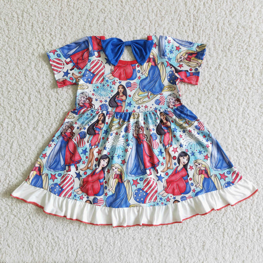 GSD0028 4th Of July Princess Cartoon Red Plaid Blue Girls Short Sleeve Dresses