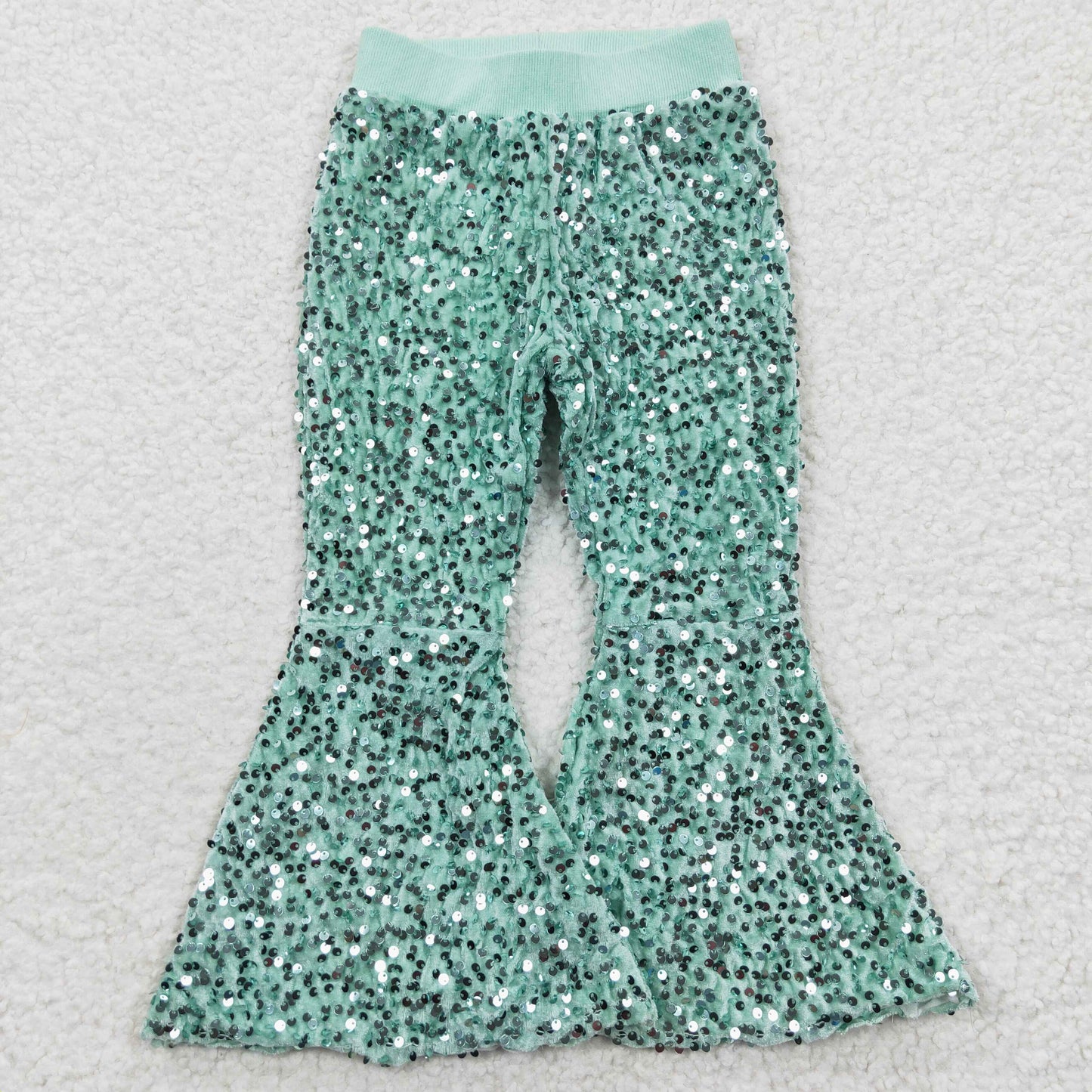 P0109 Green Sequin Bell-bottom Kids Long Pants