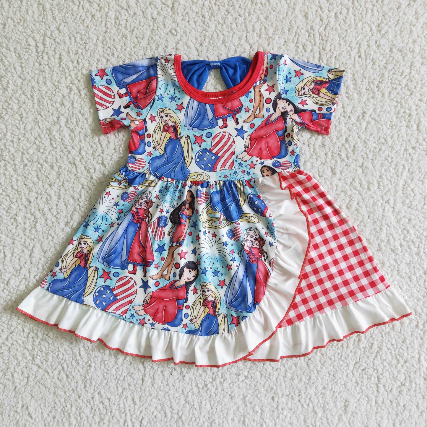 GSD0028 4th Of July Princess Cartoon Red Plaid Blue Girls Short Sleeve Dresses