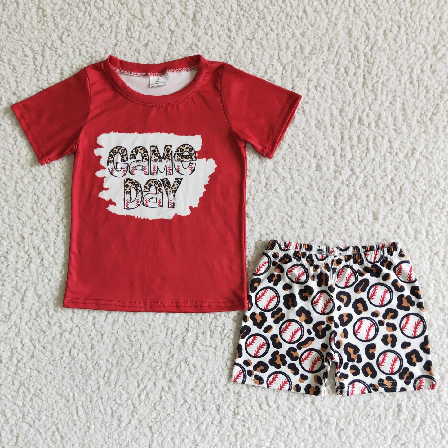 BSSO0026 Red Leopard Game Day Baseball Ball Boys Short Sleeve Shorts Outfits