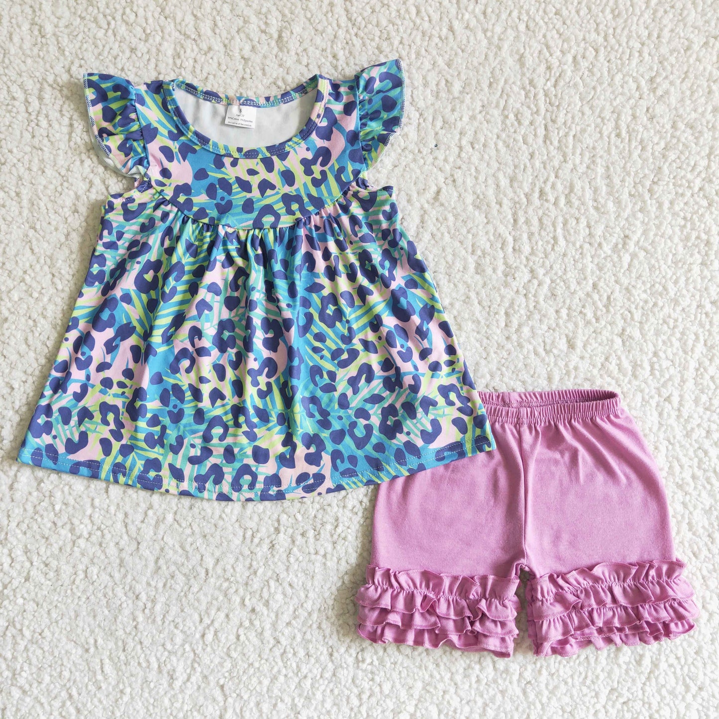 GSSO0025 Blue Leopard Pink Girls Flutter Sleeve Shorts Outfits