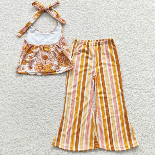 GSPO0579 Floral Orange Stripes Girls Short Sleeve Bell Bottom Pants Outfits