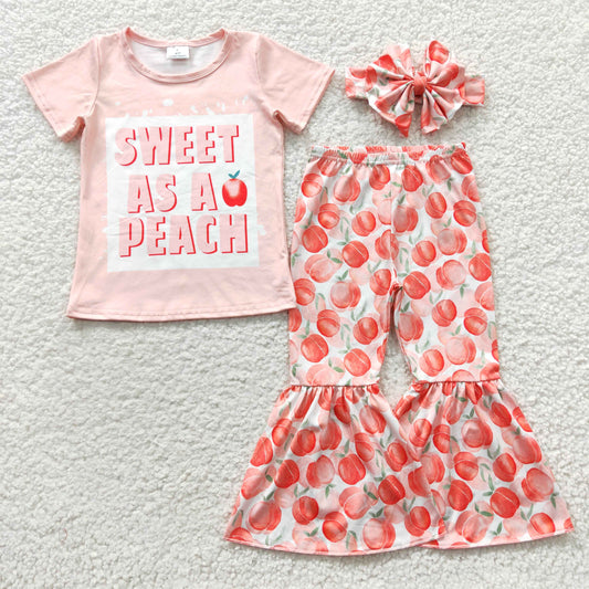 GSPO0569 Pink Sweet As A Peach With Bow Headband 3pcs Girls Short Sleeve Bell Bottom Pants Outfits