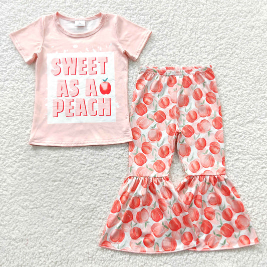 GSPO0569 Pink Sweet As A Peach With Bow Headband 3pcs Girls Short Sleeve Bell Bottom Pants Outfits