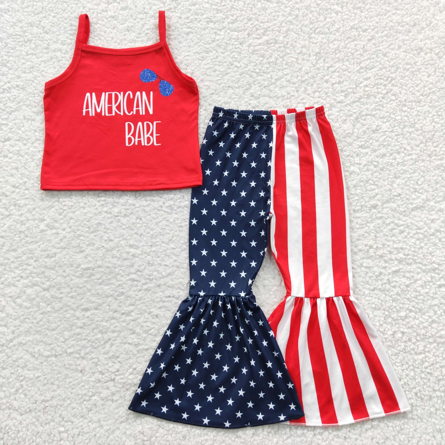 GSPO0533 4th Of July Red Blue Star Babe Girls Short Sleeve Bell Bottom Pants Outfits