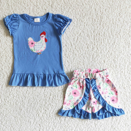 GSSO0020 Blue Chicken Floral Embroidery Girls Short Sleeve Shorts Outfits