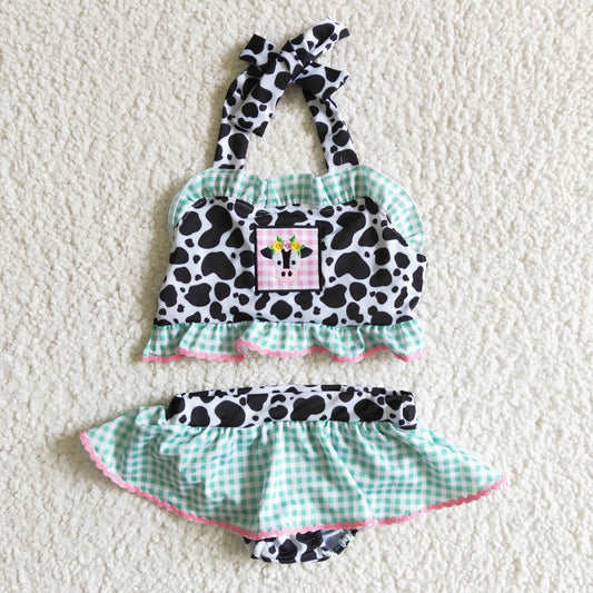 S0005 Green Cows Print Embroidery Girls Swimming Bathing Suits Swimsuits