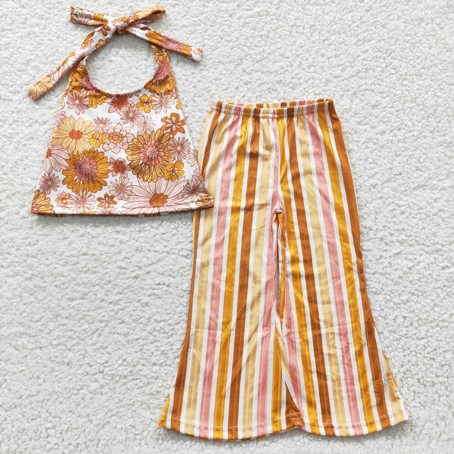 GSPO0579 Floral Orange Stripes Girls Short Sleeve Bell Bottom Pants Outfits