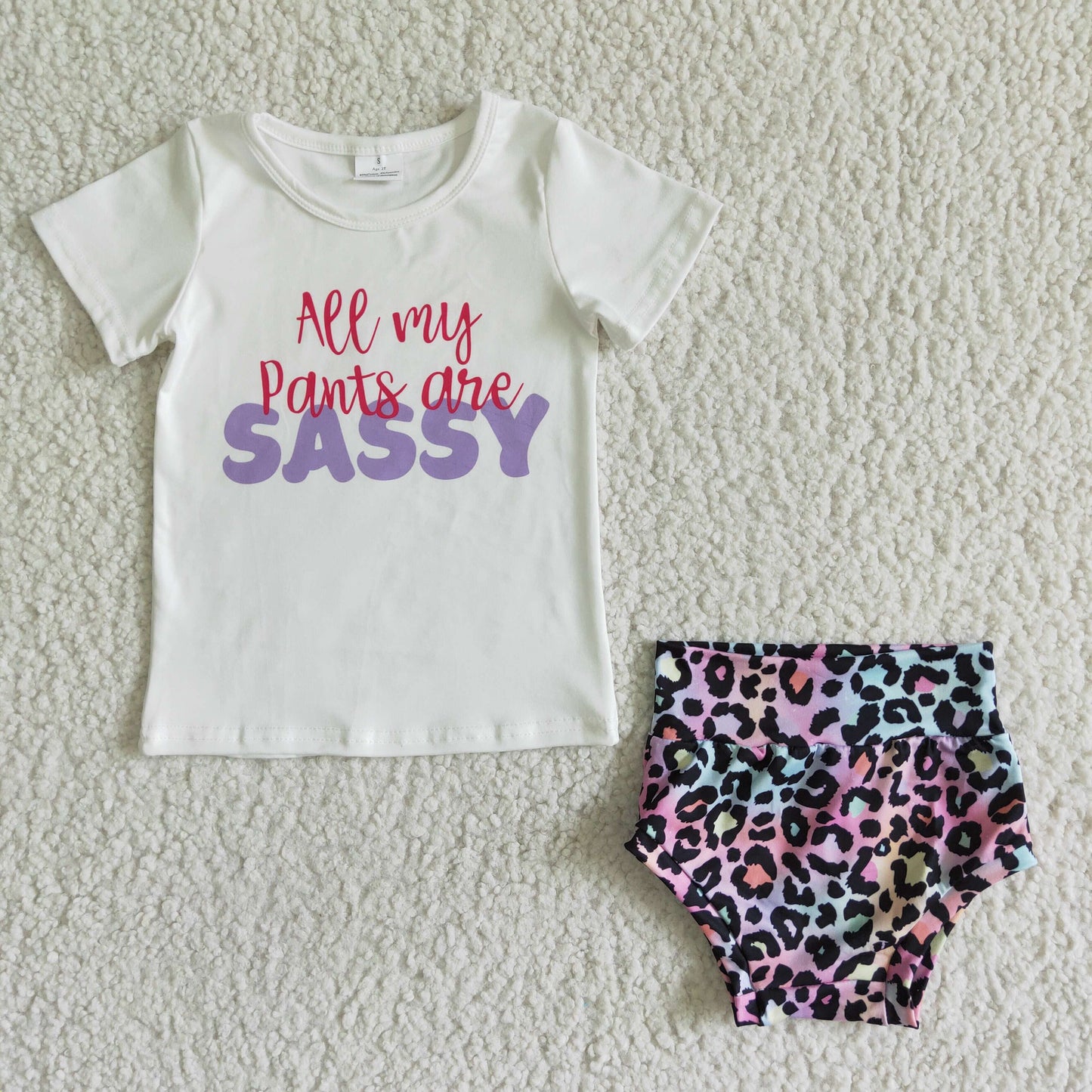 GBO0021 All My Pants Are Sassy Purple Leopard With Bow 3pcs Girls Short Sleeve Bummies Outfits