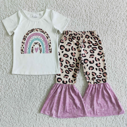 GSPO0036 Pink Rainbow Leopard Girls Short Sleeve Pants Outfits