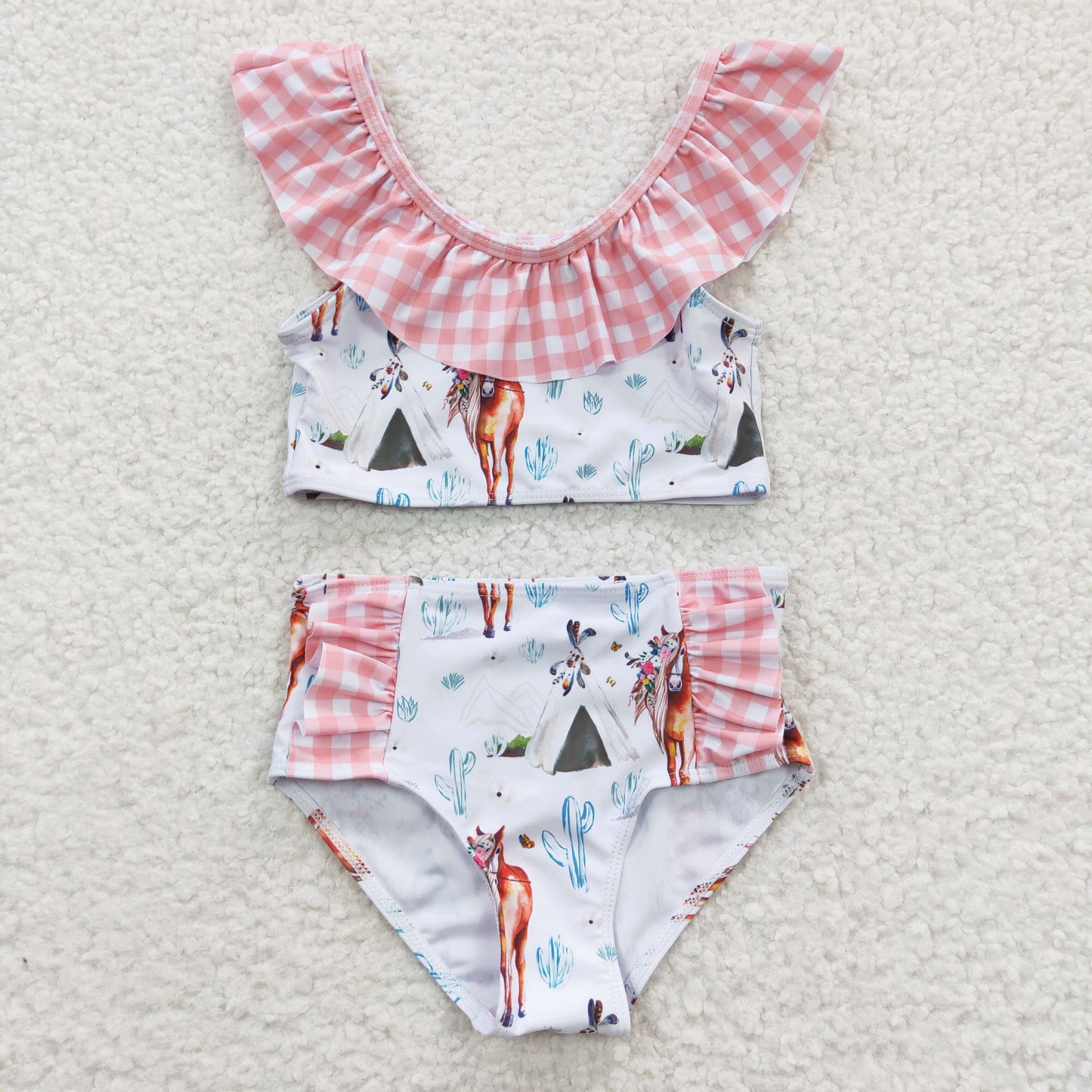 S0117 Pink Plaid Horses Floral Girls Swimming Bathing Suits Swimsuits