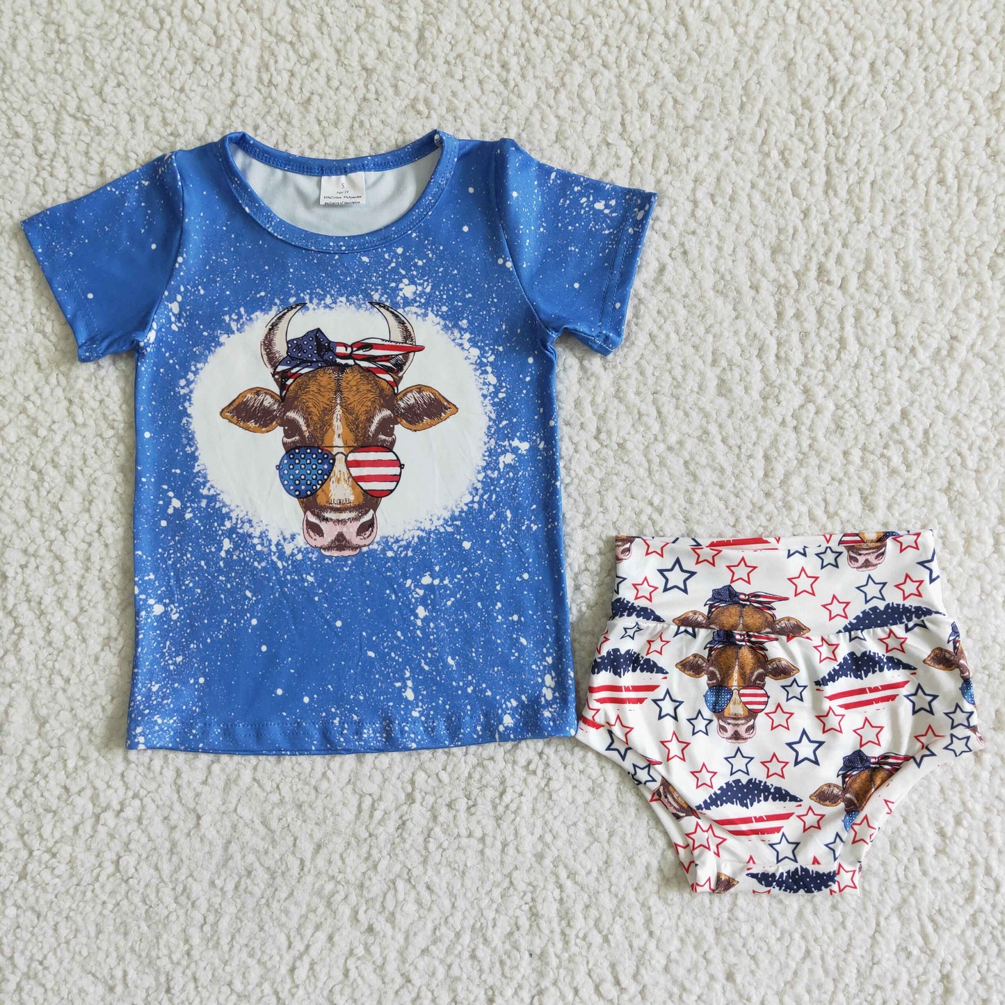 GBO0034 4th Of July Cows Blue Starts Mouth Girls Short Sleeve Bummies Outfits