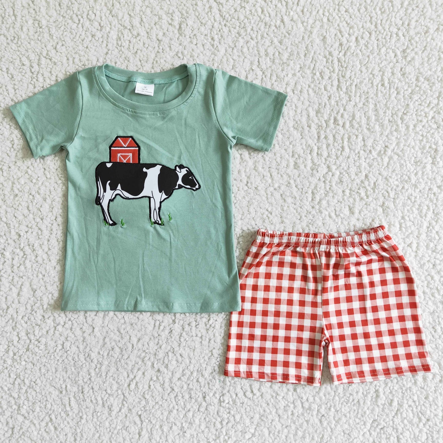 BSSO0001 Farm Cow Green Red Plaid Embroidery Boys Short Sleeve Shorts Outfits