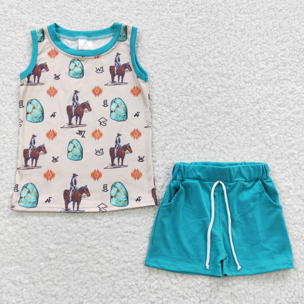 BSSO0208 Blue Rodeo Cowboy Western Boys Short Sleeve Shorts Outfits